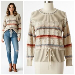 Vintage Y2K Cable Knit Striped Sweater Drawstring Waist Cottage Cabin Cozy Sz M